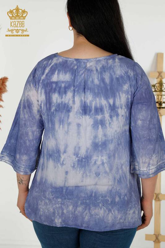 Женская блузка оптом - Вышитая камнем - Индиго - 79175 | КАZEE