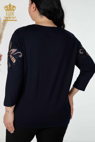 оптом Женская блузка с вышивкой из тюля и V-образным вырезом, черный - 77927 | KAZEE - Thumbnail