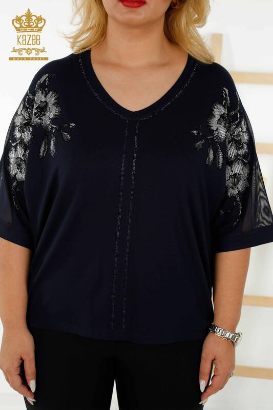 женская блузка оптом - детали из тюля - темно-синий - 79096 | КАZEE