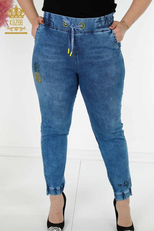 женские джинсы оптом ананасовый узор синий - 3692 | КAZEE