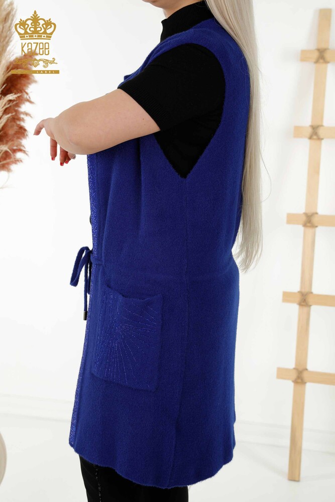 Женский Жилет оптом - Вышитый камнем - Вязаная нить - Темно-синий - 30244 | КАZEE - 7