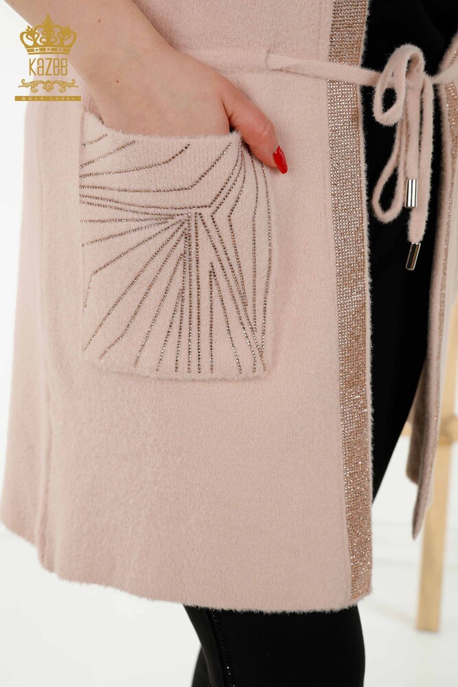 Женский Жилет оптом - Вышитый камнем - Вязаная нить - Пудра - 30244 | КАZEE - 3