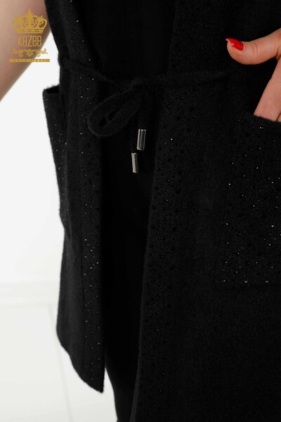 Женский кардиган оптом - Карманы Завязанная веревка Черный - 30246 | КАZEE - 5