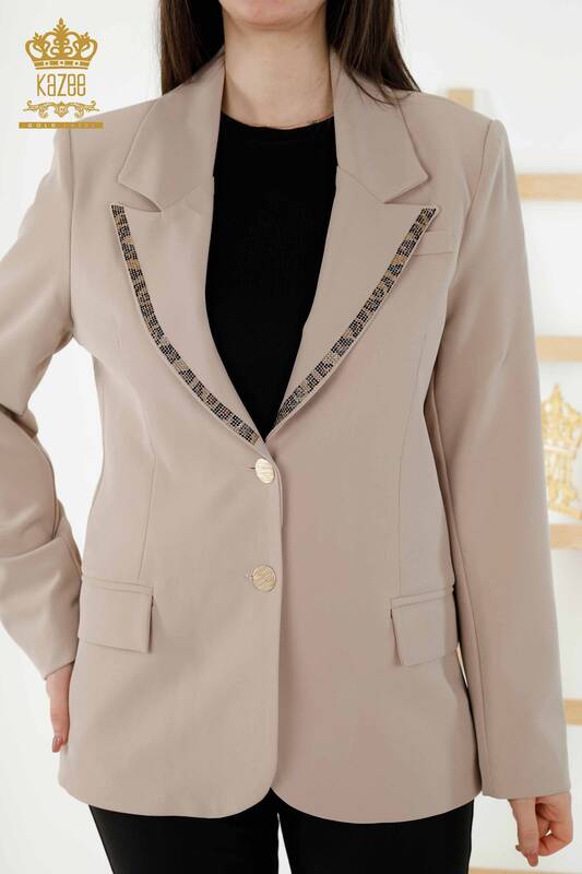 Женская куртка оптом - пуговица - Тигр узорчан бежевый - 20292 | КAZEE