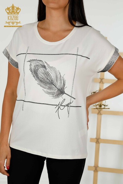 Женская блузка оптом с узором листьев экрю - 78878 | КАZЕЕ - Kazee (1)