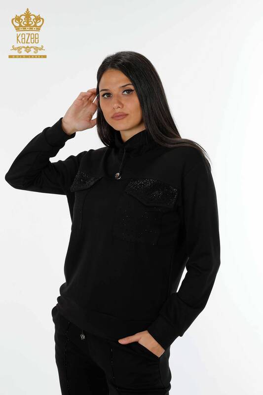 Женский спортивный костюм оптом с карманом, вышитым камнем, черный - 17429 | КАZEE