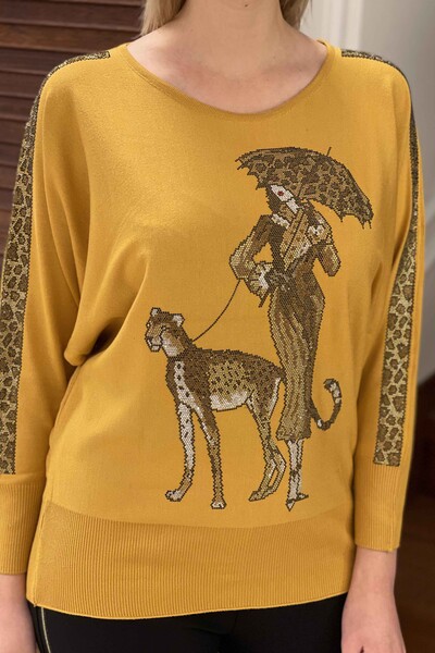 Женский трикотажный свитер оптом с леопардовым принтом и круглым вырезом - 16557 | КАЗЕЕ - Thumbnail