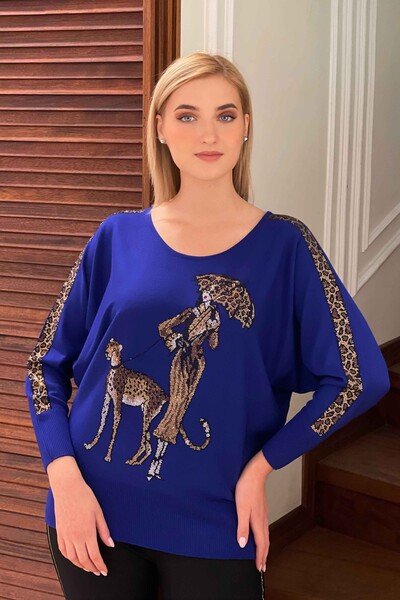 Женский трикотажный свитер оптом с леопардовым принтом и круглым вырезом - 16557 | КАЗЕЕ - Thumbnail
