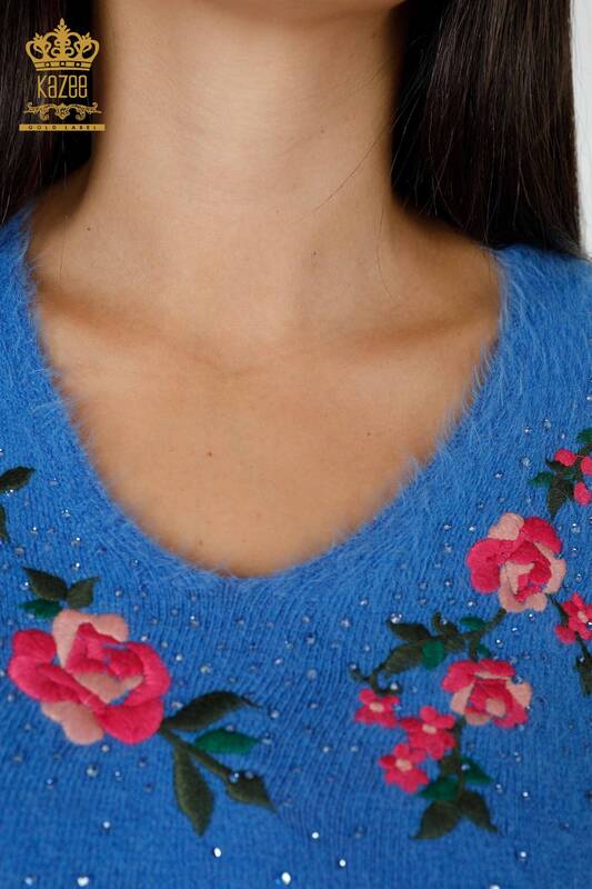 оптом женский трикотаж свитер с круглым вырезом синий - 18916 | КАZEE