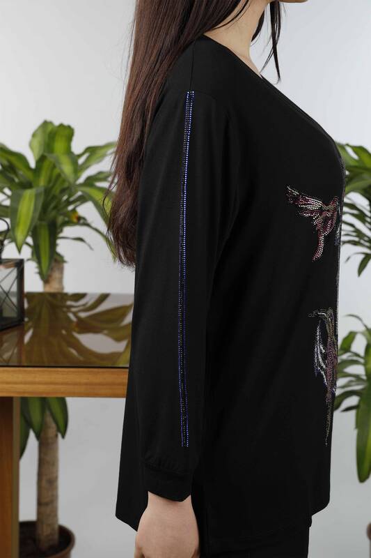 оптом Женская блузка с вышивкой камнями и круглым вырезом с круглым вырезом - 77929 | КАZЕЕ