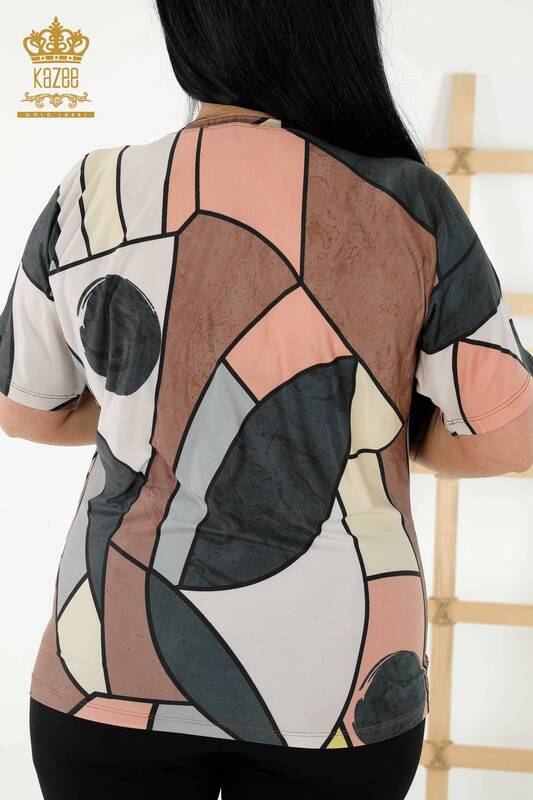 оптом Женская блузка с цифровой печатью V-образным вырезом коричневого цвета - 77896 | КАZЕЕ