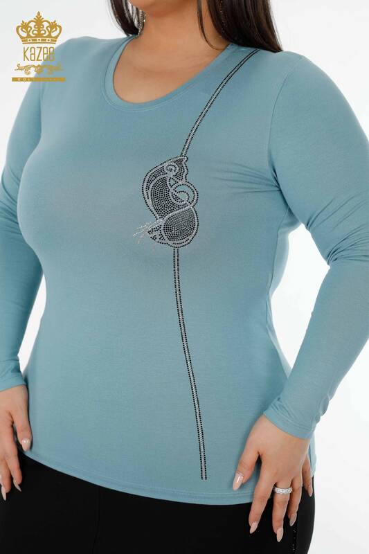 оптом женская блузка с вышивкой камнем с круглым вырезом синяя - 79000 | КАЗЕЕ