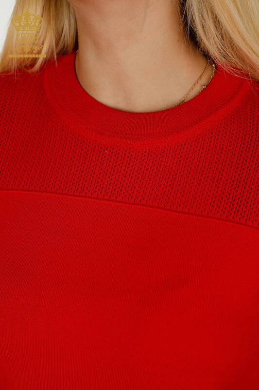 Женский трикотажный свитер оптом, базовый красный с логотипом - 30258 | КАZEE