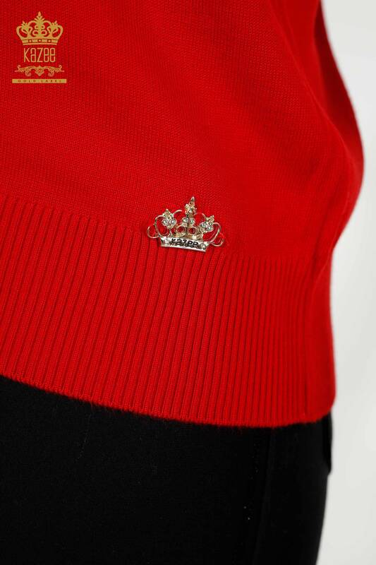 Женский трикотажный свитер оптом, базовый красный с логотипом - 30258 | КАZEE