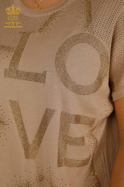 Женский вязаный свитер оптом с каменной вышивкой, бежевый - 30501 | КАZEE - Thumbnail