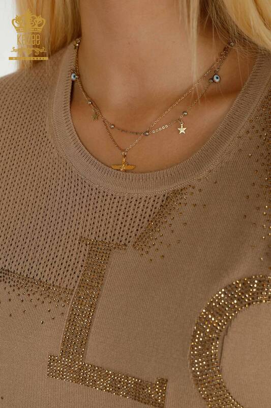 Женский вязаный свитер оптом с каменной вышивкой, бежевый - 30501 | КАZEE