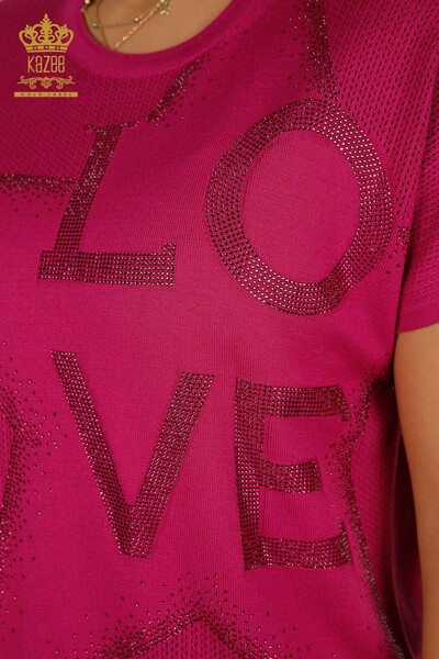 Женский вязаный свитер оптом с вышивкой камнями цвета фуксии - 30501 | КАZEE - 5