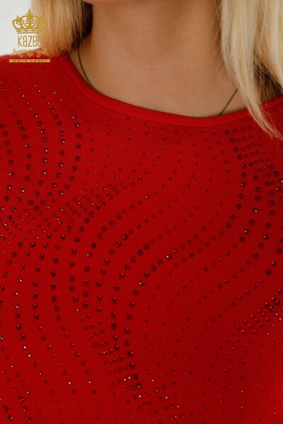 Женский вязаный свитер оптом с вышивкой камнями красный - 16797 | КАZЕЕ - Thumbnail (2)