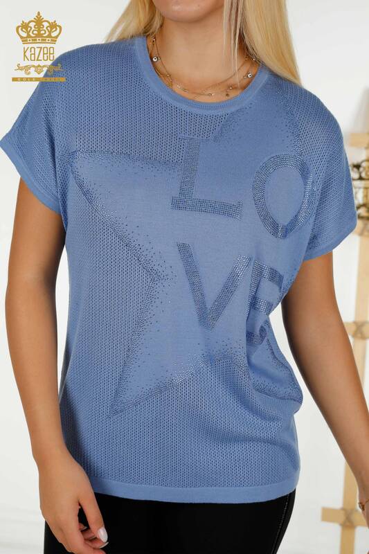 Оптовая продажа женского трикотажного свитера с вышивкой камнями синего цвета - 30501 | КАZEE