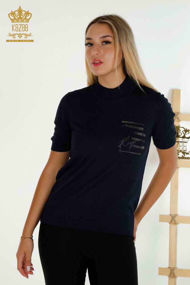 Женский вязаный свитер оптом с вышивкой камнями темно-синий - 30491 | КАZEE - 1