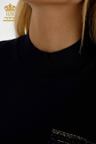 Женский вязаный свитер оптом с вышивкой камнями темно-синий - 30491 | КАZEE - Thumbnail