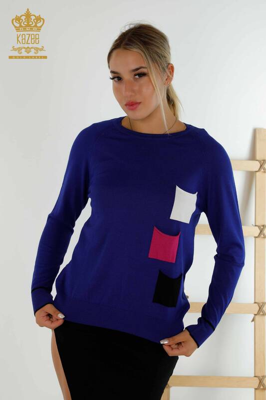 Женские вязаные свитера оптом с цветными карманами Saks - 30108 | КАZEE