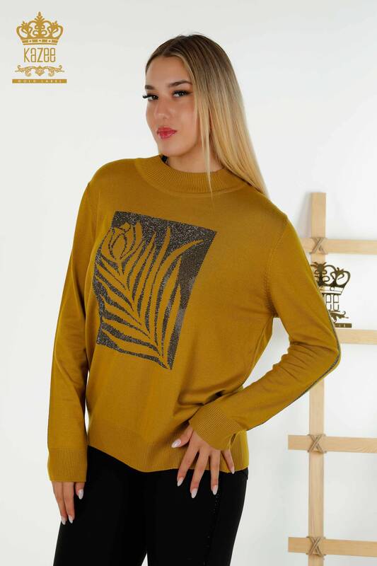 Женский вязаный свитер оптом с шафрановым рисунком розы - 30448 | КАZEE