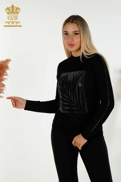 Женский вязаный свитер оптом с розовым узором черный - 30448 | КАZEE - Thumbnail
