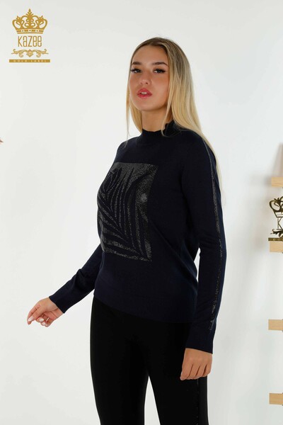Женский вязаный свитер оптом с розовым узором темно-синий - 30448 | КАZEE - Thumbnail