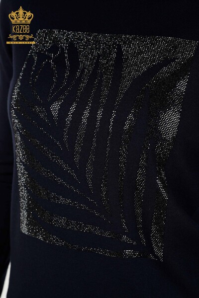 Женский вязаный свитер оптом с розовым узором темно-синий - 30448 | КАZEE - Thumbnail