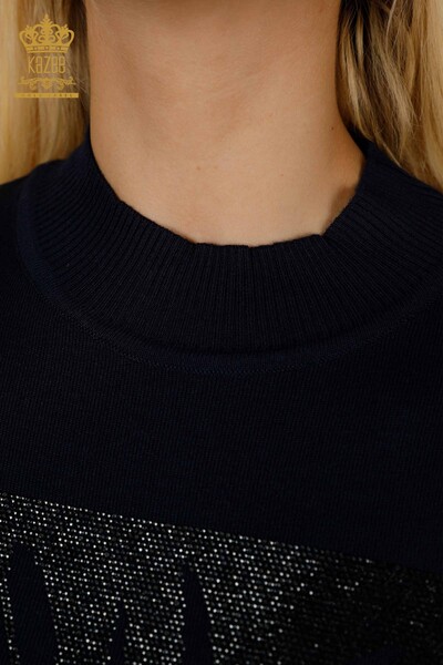 Женский вязаный свитер оптом с розовым узором темно-синий - 30448 | КАZEE - 4