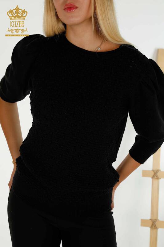 Женский вязаный свитер оптом с ткаными рукавами-воздушными шарами, черный - 30340 | КАZEE