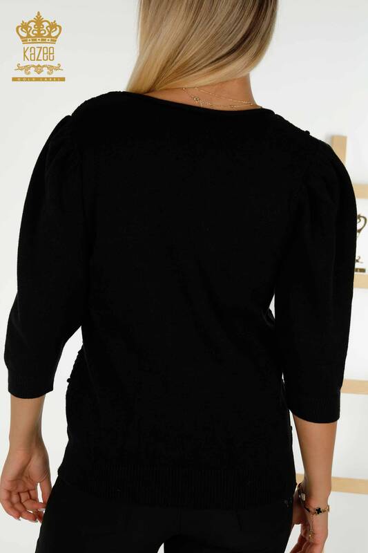 Женский вязаный свитер оптом с ткаными рукавами-воздушными шарами, черный - 30340 | КАZEE