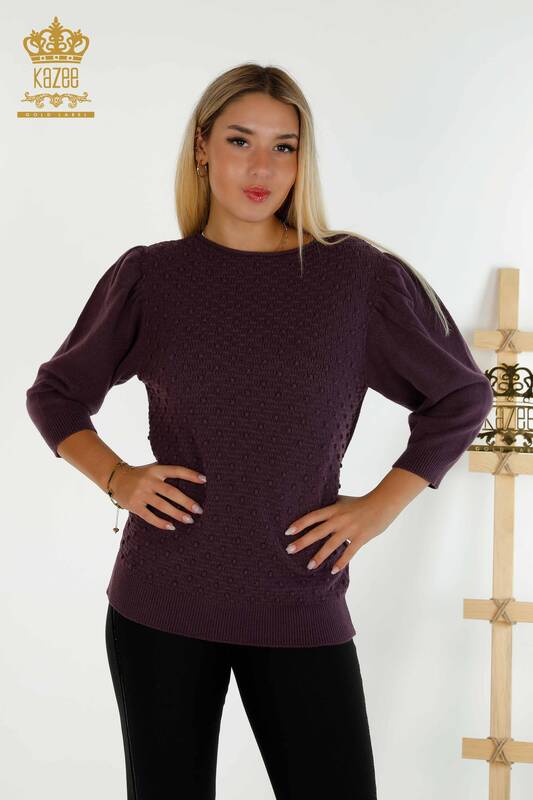 Оптовая продажа женского трикотажного свитера с ткаными рукавами-воздушными шарами, фиолетовый - 30340 | КАZEE