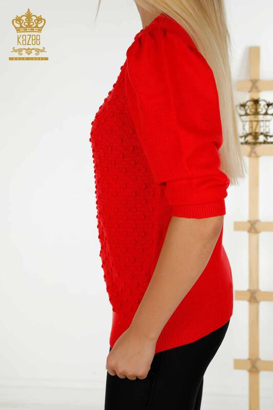 Оптовая продажа женского трикотажного свитера с ткаными рукавами-воздушными шарами красного цвета - 30340 | КАZEE
