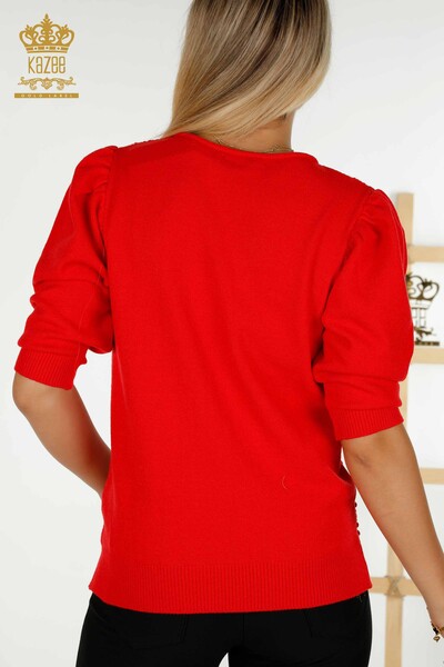 Оптовая продажа женского трикотажного свитера с ткаными рукавами-воздушными шарами красного цвета - 30340 | КАZEE - Thumbnail
