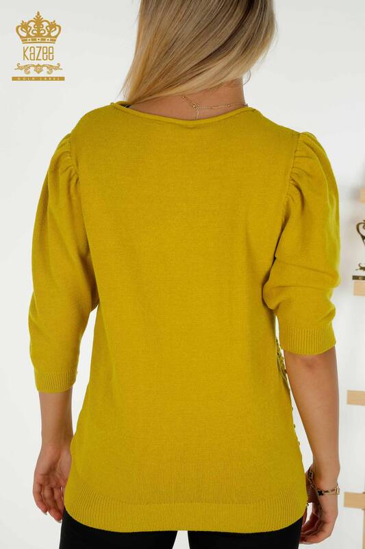 Женский вязаный свитер оптом с ткаными рукавами-воздушными шарами, горчичный - 30340 | КАZEE