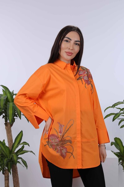 Женская рубашка с цветочным узором и вышивкой камнем оптом - 17053 | КАZЕЕ - Thumbnail