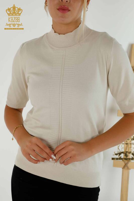 Женский вязаный свитер оптом, базовый бежевый с коротким рукавом - 30334 | КАZEE