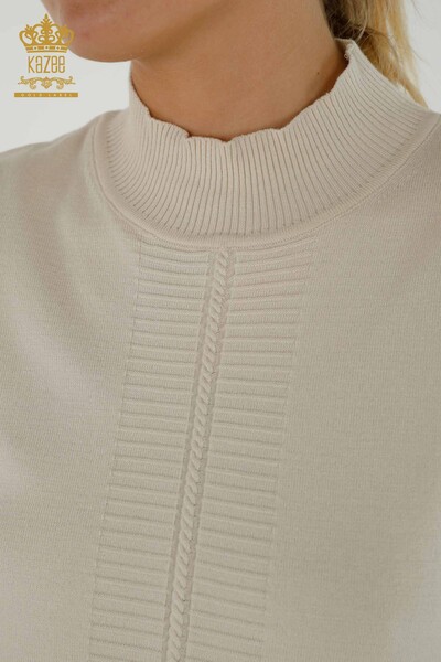 Женский вязаный свитер оптом, базовый бежевый с коротким рукавом - 30334 | КАZEE - Thumbnail