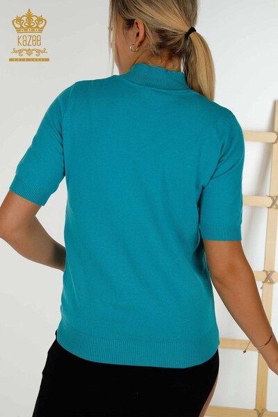 Женский вязаный свитер оптом, базовый бирюзовый с коротким рукавом - 30334 | КАZEE - Thumbnail