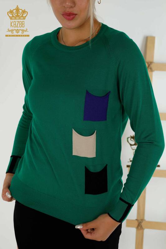Оптовая продажа женского трикотажного свитера зеленого цвета с карманом - 30108 | КАZEE
