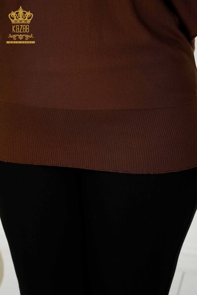 Женский трикотаж оптом, свитер с цветочным принтом на плече, коричневый - 16133 | КАZЕЕ - 9