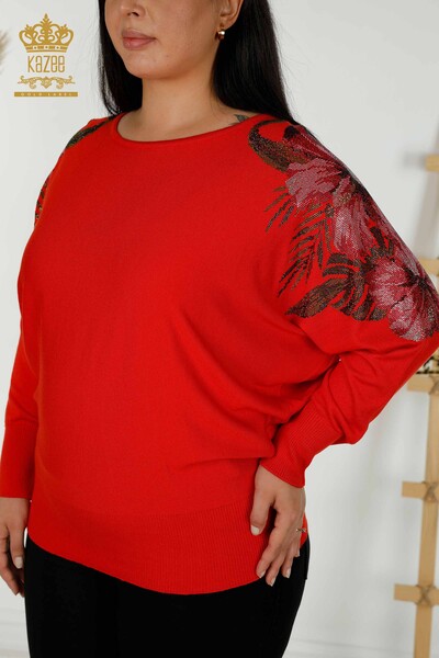 Женский трикотаж оптом, свитер с цветочным принтом на плече, коралловый - 16133 | КАZЕЕ - Thumbnail