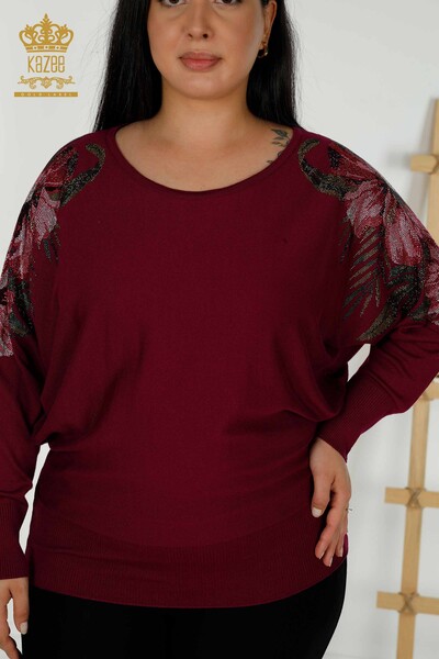 Женский трикотаж оптом, свитер с цветочным принтом на плече, фиолетовый - 16133 | КАZЕЕ - Thumbnail