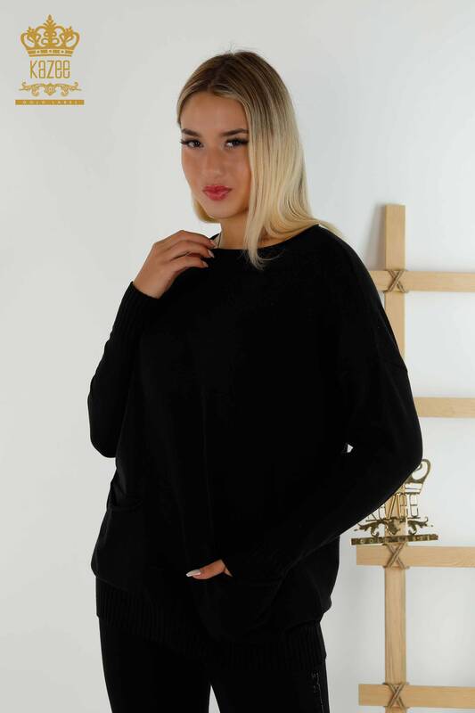Оптовая продажа женского трикотажного свитера с пуговицами черного цвета - 30178 | КАЗИ