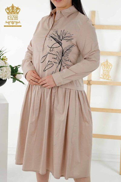 Женское платье оптом - С рисунком - Детали на пуговицах - Бежевый - 20324 | КАZEE - Thumbnail