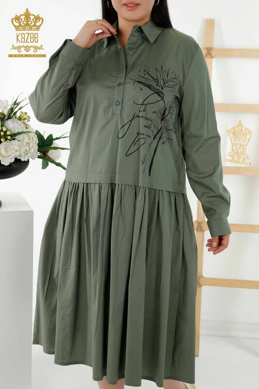 Женское платье оптом - С рисунком - Детали на пуговицах - Хаки - 20324 | КАZEE