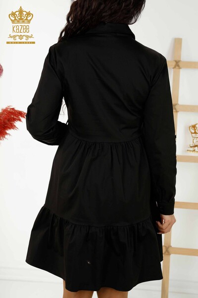 Женское платье оптом - На пуговицах - Вышитое камнем - Черное - 20229 | КАZEE - Thumbnail