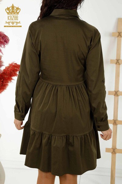 Женское платье оптом - На пуговицах Вышитое камнем - Хаки - 20229 | КАZEE - Thumbnail